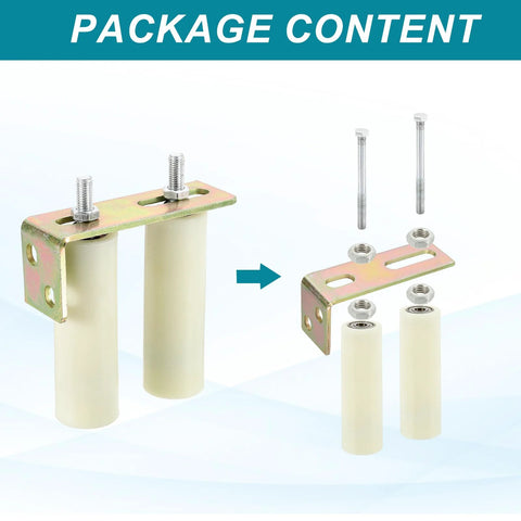 Slide Gate Guide Roller Set 5.9 Inch Wheel 2 Inch Diameter Universal Adjustable Heavy Duty Hardware Kit With 2 L Shape Brackets Includes 4 Rollers And 2 Brackets For Balcony Or Bedroom Sliding Gates White Finish displayed on the package content with screws and brackets visible.