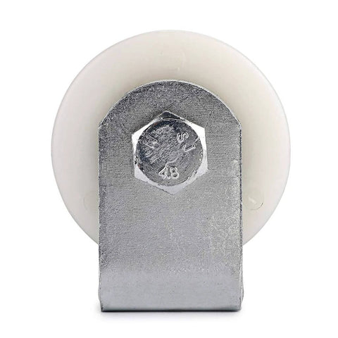 Front view of ✝️ 6" Slide Gate Guide Roller with Post Welded Bracket, UHMW Hard Nylon Sliding Rolling Gates Guider, Heavy Duty Sealed Ball Bearing