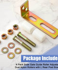 Adjustable Slide Gate Guide Roller Kit 4 Pack with Dual Nylon Rollers and L Rear Post Bracket components shown on table