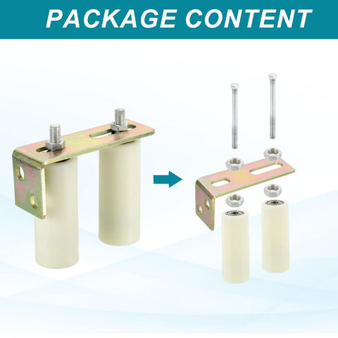 Slide Gate Guide Roller Set 4.7 Inch By 2 Inch With L Shape Brackets Universal Adjustable Heavy Duty Sliding Gate Hardware Kit White For Balcony And Bedroom Use Durable Metal Construction For Long Lasting Performance And Smooth Operation showing package content