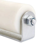 Close-up of 6 Inch Slide Gate Guide Roller With Post Welded Bracket In White, UHMW Hard Nylon Roller With Sealed Ball Bearings.