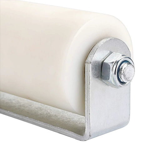 Close-up of 6 Inch Slide Gate Guide Roller With Post Welded Bracket In White, UHMW Hard Nylon Roller With Sealed Ball Bearings.