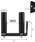 Slide Gate Guide Roller Assembly With Dual Nylon Rollers And L Post Bracket For Heavy Duty Gates And Fences Pack Of 2 UHMW Nylon Wheels On AISI 1045 Steel Bracket With Black Powder Coat For Durability, showing dimensions and bolt size.