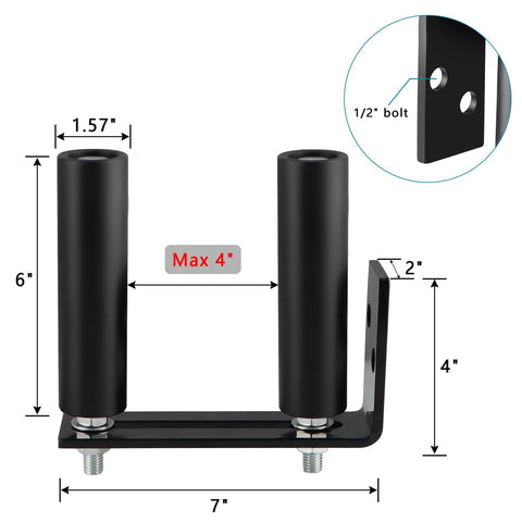 Slide Gate Guide Roller Assembly With Dual Nylon Rollers And L Post Bracket For Heavy Duty Gates And Fences Pack Of 2 UHMW Nylon Wheels On AISI 1045 Steel Bracket With Black Powder Coat For Durability, showing dimensions and bolt size.