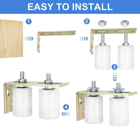 Slide Gate Guide Roller Set With L Shaped Bracket Nylon Rollers Two Inch Diameter And Two And Three Eighths Inch Length Universal Ball Bearing Gate Guider For Sliding Doors White Includes Two Rollers And One Bracket For Smooth Side To Side Gate Roll installation steps