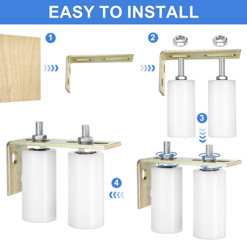 Two Set Slide Gate Guide Rollers With 5 Inch Nylon Rollers And L Shaped Rear Post Bracket Universal Sealed Ball Bearing Rolling Gate Guide For Sliding Doors White Durable Nylon Construction For Smooth Quiet Operation installation diagram