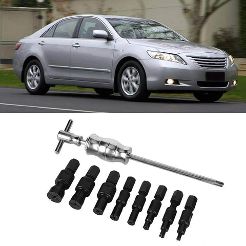 9 pc Slide Hammer and Blind Hole Bearing Puller Set with 8-32mm extractors and a silver slide hammer shown below a silver car