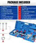 Heavy Duty Slide Hammer Puller Set With 9 Way Axle Bearing Remover Kit showing included tools in a blue case
