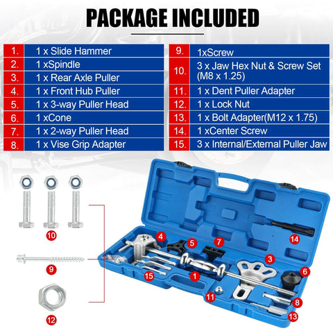 Heavy Duty Slide Hammer Puller Set With 9 Way Axle Bearing Remover Kit showing included tools in a blue case