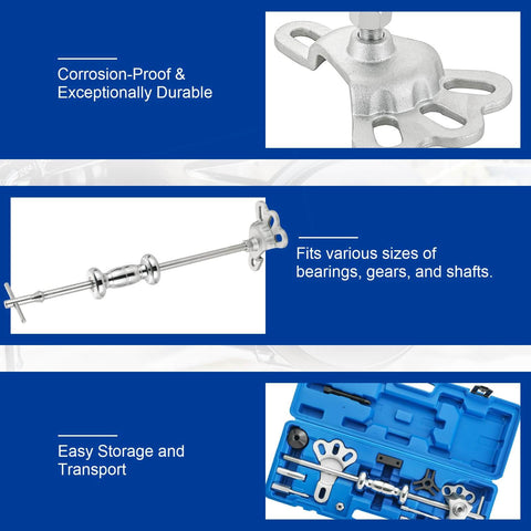Heavy Duty Slide Hammer Puller Set With 9 Way Axle Bearing Remover Kit in box with tools shown and corrosion-proof feature
