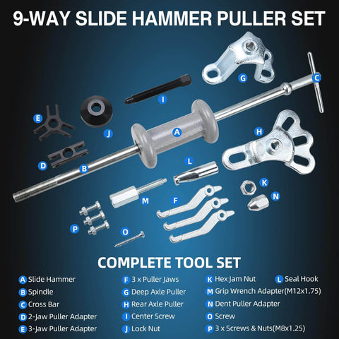 Nine Way Slide Hammer Puller Set for front and rear axles, wheel bearings, hubs, gears with jaws, blocks, wrench shown