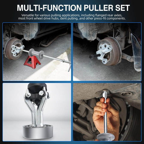 Nine Way Slide Hammer Puller Set for Front and Rear Axles Wheel Bearings Hubs and Gears with jaws and dent remover tool