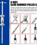 Image of Heavy Duty Slide Hammer Puller Set With 9 Way Axle Bearing Remover Kit Rear Wheel Bearing Removal Tool And Dent Hub Gear Puller featuring various components including slide hammer and adapters.