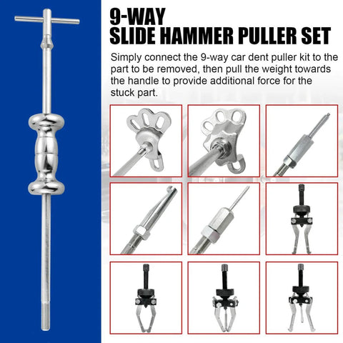 Image of Heavy Duty Slide Hammer Puller Set With 9 Way Axle Bearing Remover Kit Rear Wheel Bearing Removal Tool And Dent Hub Gear Puller featuring various components including slide hammer and adapters.