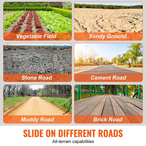 Image showing various terrains: vegetable field, sandy ground, stone road, cement road, muddy road, and brick road.