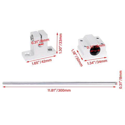 Pack of 10 sliding ball bearings and linear bushings designed for optical axis guides and support bars with dimensions shown.