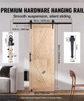 Sliding Barn Door 30 Inch Wide By 84 Inch High With Included Hardware Kit And Handle For Interior Rooms And Storage Closets Waterproof Solid Wood K Frame DIY Stainable Natural Finish Easy Assembly Smooth Sliding Action Durable Construction installed in modern living room, showing detailed measurements and hardware.