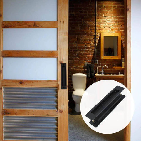 Sliding Barn Door Flush Handle 7.08 Inch Rectangular Matte Black Invisible Recessed Finger Pull installed on a wooden door