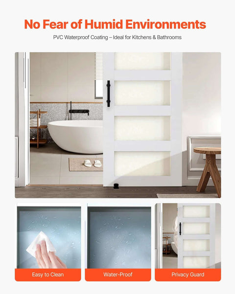 32 By 84 Inch Sliding Barn Door With Header Board And 6 Ft Hardware Track Kit And Handle, Waterproof PVC Surface, shown in a bathroom setting.