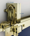 Interior Sliding Barn Door Bypass Bracket Set For Two Single Doors, Space-Saving Hardware detail view with dimensions marked
