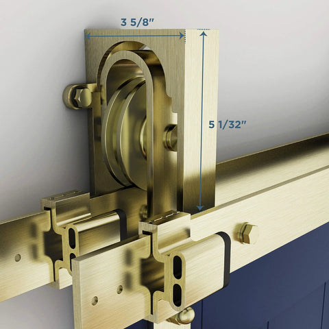 Interior Sliding Barn Door Bypass Bracket Set For Two Single Doors, Space-Saving Hardware detail view with dimensions marked