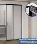 Sliding Barn Door With Concealed Rail Softclose Glass Door In Matte Black Easy Assembly Waterproof Frosted Tempered Glass Privacy Panel Fits 28 To 36 Inch Width And 73 To 83 Inch Height installed in room, focus on concealed rail.