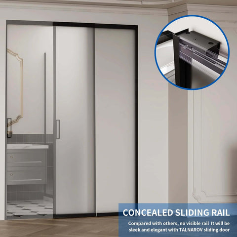 Sliding Barn Door With Concealed Rail Softclose Glass Door In Matte Black Easy Assembly Waterproof Frosted Tempered Glass Privacy Panel Fits 28 To 36 Inch Width And 73 To 83 Inch Height installed in room, focus on concealed rail.