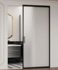 Sliding Barn Door With Concealed Rail Softclose Glass Door In Matte Black Easy Assembly Waterproof Frosted Tempered Glass Privacy Panel Fits 28 To 36 Inch Width And 73 To 83 Inch Height.