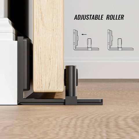 Sliding Barn Door Bottom Floor Guide with Adjustable Roller in black, wall-mounted for doors up to 2" thickness, side view installed.