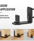 Sliding Barn Door Bottom Floor Guide with Adjustable Roller, wall mount, black steel, fits 2-inch door, installed example.