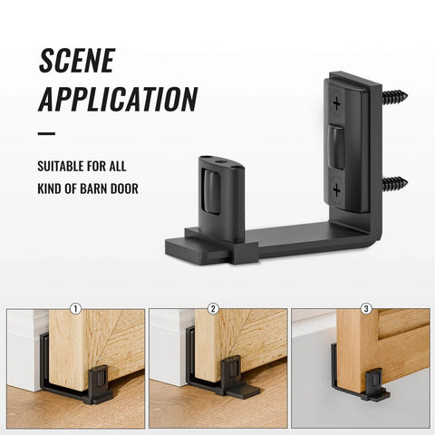 Sliding Barn Door Bottom Floor Guide with Adjustable Roller, wall mount, black steel, fits 2-inch door, installed example.