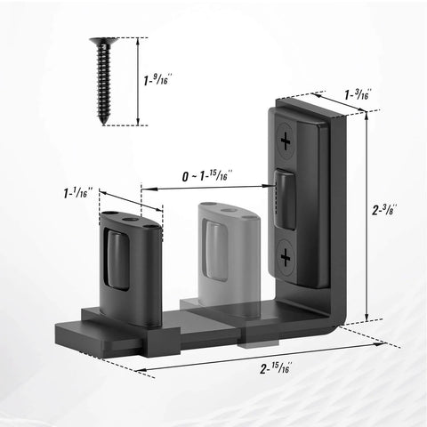 Sliding Barn Door Bottom Floor Guide with Adjustable Roller, black steel, wall mount, detailed size dimensions view