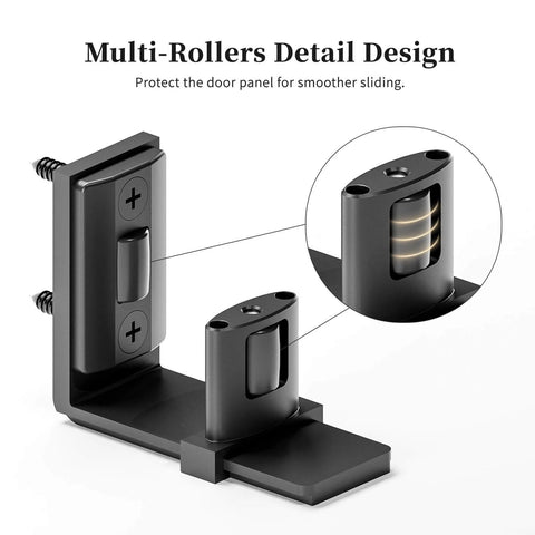 Sliding barn door bottom floor guide with adjustable U shape, flush wall mounted design, showing dual concealed pulleys in black finish.