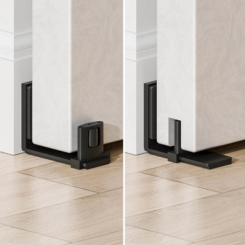 Sliding barn door bottom floor guide with adjustable U shape, flush wall mounted design, black finish, installed on wooden floor.