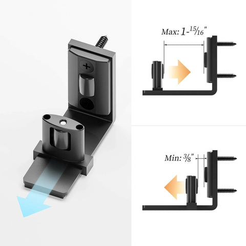 Sliding barn door bottom floor guide with adjustable U shape, flush wall mounted design, dual concealed pulleys, black finish