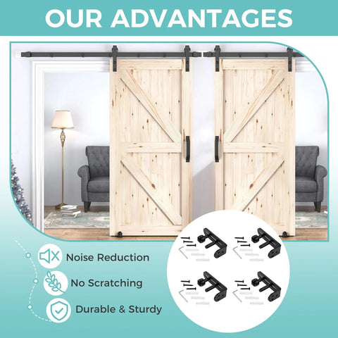 4 Pack Sliding Barn Door Floor Guides With Adjustable Rollers Flush Flat Bottom Design Solid Steel Construction Matte Black Finish Rust Resistant And Durable Hardware For Quiet Smooth Door Operation And Safe Tracking, installed on double wooden doors.