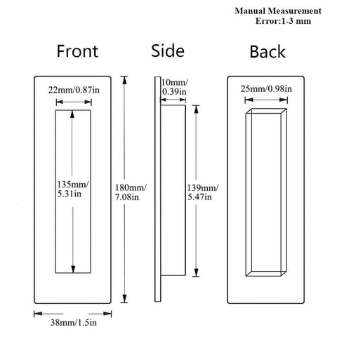 Sliding Barn Door Flush Handle 7.08 Inch Rectangular Matte Black Invisible Recessed Finger Pull For Cabinets Closets And Drawers Fits Door Thickness 1.38 To 1.97 Inches Recessed Insert 5.31 Inch Smooth Edge diagram with dimensions