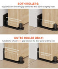 Sliding Barn Door Bottom Floor Guide With Adjustable Wall Mount Roller Guides, Flush Flat Bottom Design, Smooth Roller Ball Operation, Stable Black Heavy Duty Solid Steel Construction, Rust And Wear Resistant, No Floor Modifications Needed, showing installation options and dimensions.