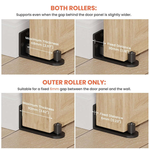 Sliding Barn Door Bottom Floor Guide With Adjustable Wall Mount Roller Guides, Flush Flat Bottom Design, Smooth Roller Ball Operation, Stable Black Heavy Duty Solid Steel Construction, Rust And Wear Resistant, No Floor Modifications Needed, showing installation options and dimensions.