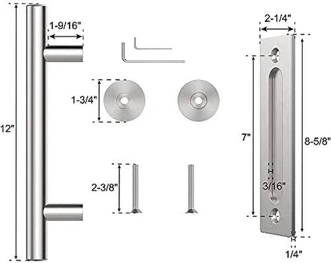 Two Sided Sliding Barn Door Handle Hardware In Brushed Stainless Steel 304 Twelve Inch Length Flush Pull Design With Round Handle On One Side And Flat On The Other Heavy Duty Garden Gate Shed Pull Handle Set Of Two, showing components and dimensions.