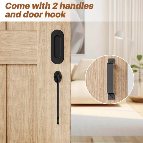 Close-up of black door handle and hook from 6.6 FT Sliding Barn Door Hardware Kit with I Shape hanger, installed on wooden panel.