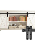 4ft Double Door Sliding Barn Door Hardware Kit For Cabinets Wardrobes And TV Stands With Carbon Steel Construction Black Powder Coated Finish Featuring Rails Supports Rollers And Stoppers Included For Doors Up To 100 Lbs And Nine Sixteenths To Thirteen on a white cabinet