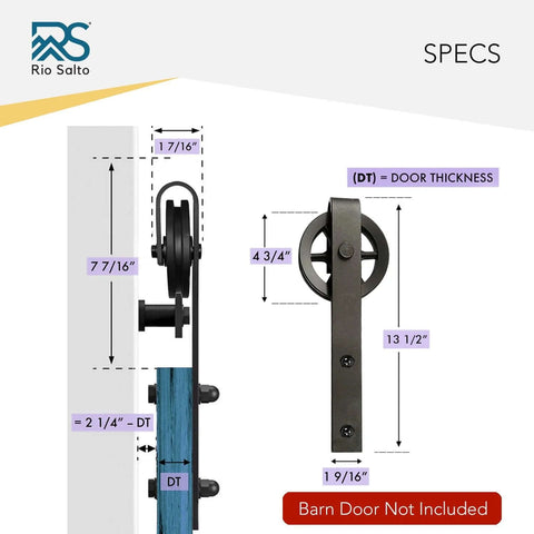 Measurement specifications for Big Wheel Barn Door Hardware Kit For Sliding Track Set With Large Rollers, no door included.