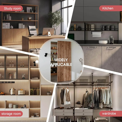 Study, kitchen, storage, and wardrobe spaces showcasing 36" Concealed Sliding Barn Door Hardware Kit with Soft Close Mechanism for 28in Passage Opening.