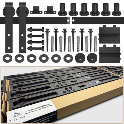 Complete set of the 7.5FT Sliding Barn Door Hardware Kit for Single Doors up to 45 Inch, including carbon steel track and rollers.