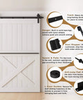 9FT Sliding Barn Door Hardware Kit for Single Doors up to 54 Inch with detailed parts illustration, heavy duty carbon steel track, nylon rollers