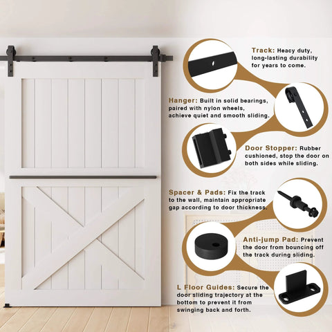 9FT Sliding Barn Door Hardware Kit for Single Doors up to 54 Inch with detailed parts illustration, heavy duty carbon steel track, nylon rollers