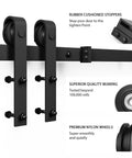 8.2 FT Sliding Barn Door Hardware Kit with J Shape hanger, showing rubber stoppers, quality bearing, and nylon wheels