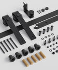 Components of 6.6FT sliding barn door hardware kit for single door, carbon steel black track system for smooth operation.