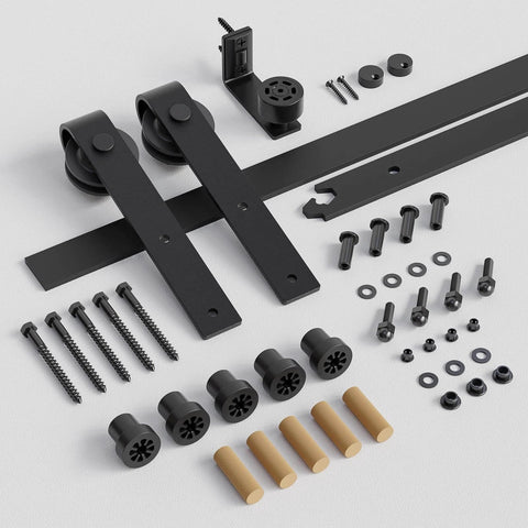 Components of 6.6FT sliding barn door hardware kit for single door, carbon steel black track system for smooth operation.